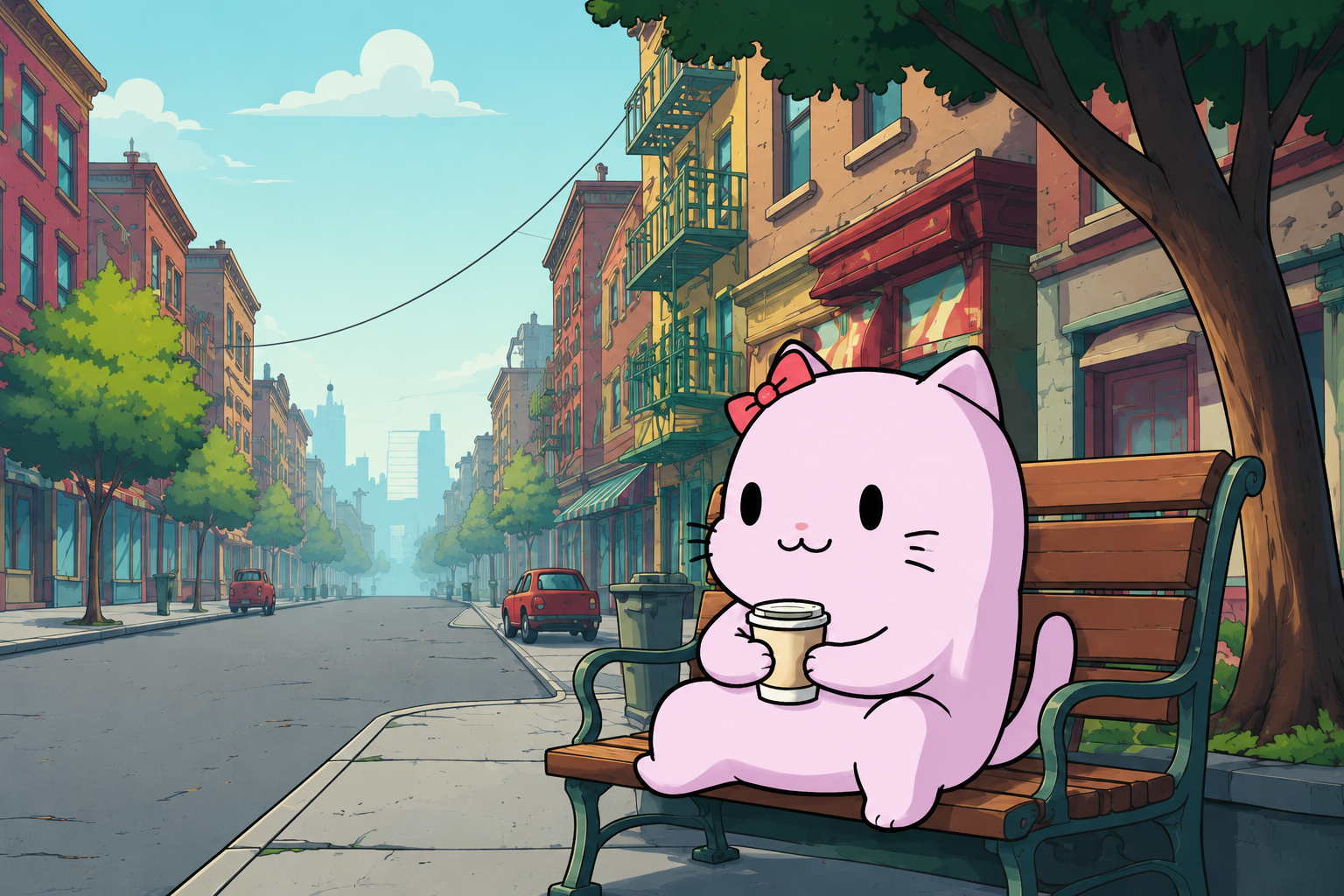 CUB the pink cat sipping coffee on a bench